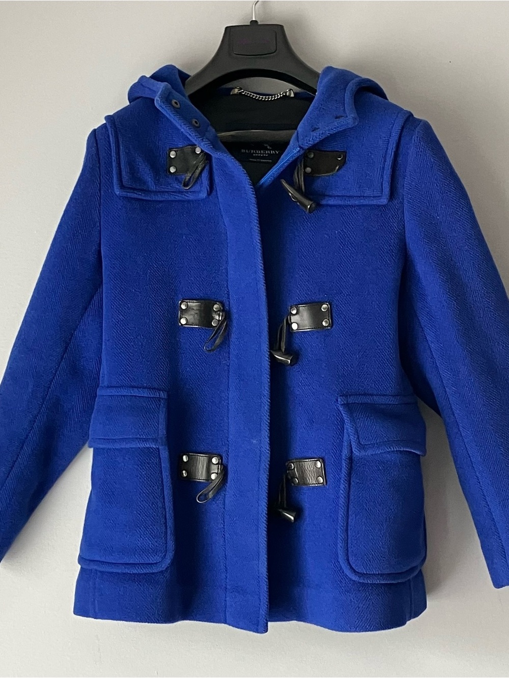 Burberry Cobalt Blue Hooded Wool Pea Coat with Toggle Closures